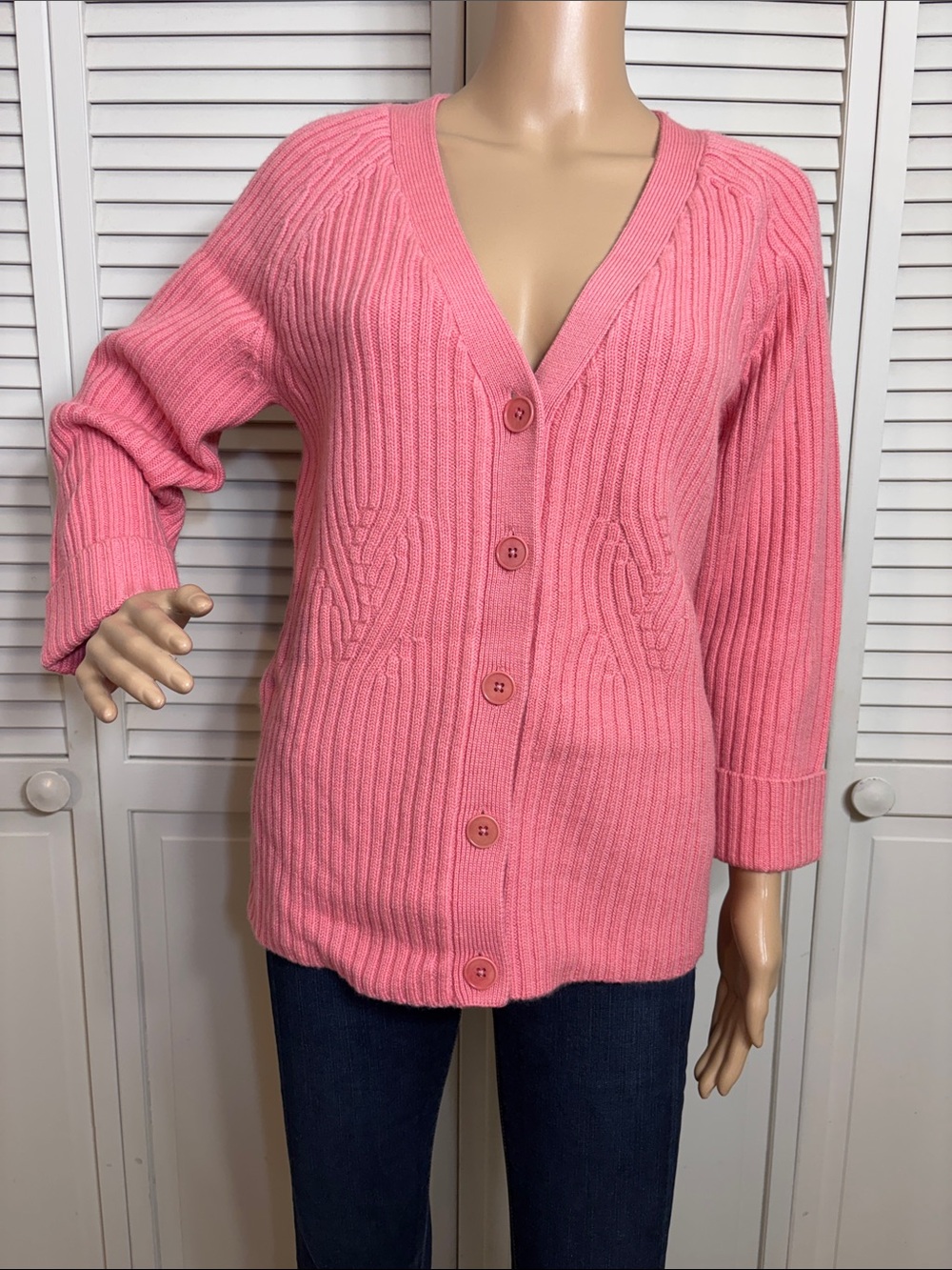 NWT Talbots Pink Ribbed 100% Merino Wool Button-Front Cardigan Medium